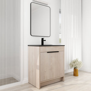 English Elm 30 Inch Freestanding Bathroom Vanity With Elegant Black Ceramic Sink & Soft-Close Cabinet Doors W999S00064