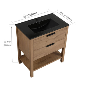 English Elm 30 Inch Bathroom Vanity - Stylish Freestanding Plywood Design With Black Ceramic Sink & Storage W999S00062