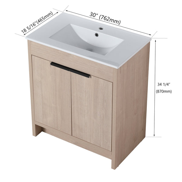 English Elm 30 Inch Freestanding Bathroom Vanity With White Ceramic Sink & Soft-Close Doors For Modern Spaces W999S00085