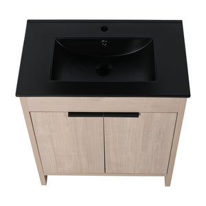 English Elm 30 Inch Freestanding Bathroom Vanity With Elegant Black Ceramic Sink & Soft-Close Cabinet Doors W999S00064
