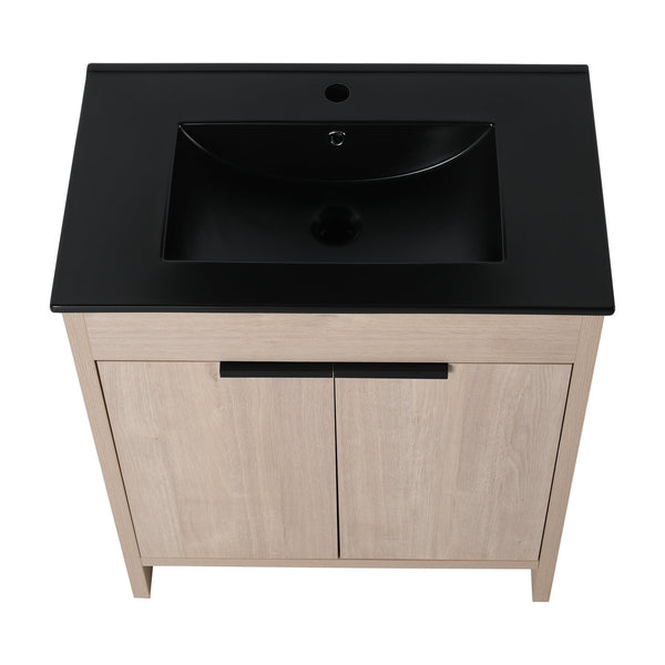 English Elm 30 Inch Freestanding Bathroom Vanity With Elegant Black Ceramic Sink & Soft-Close Cabinet Doors W999S00064