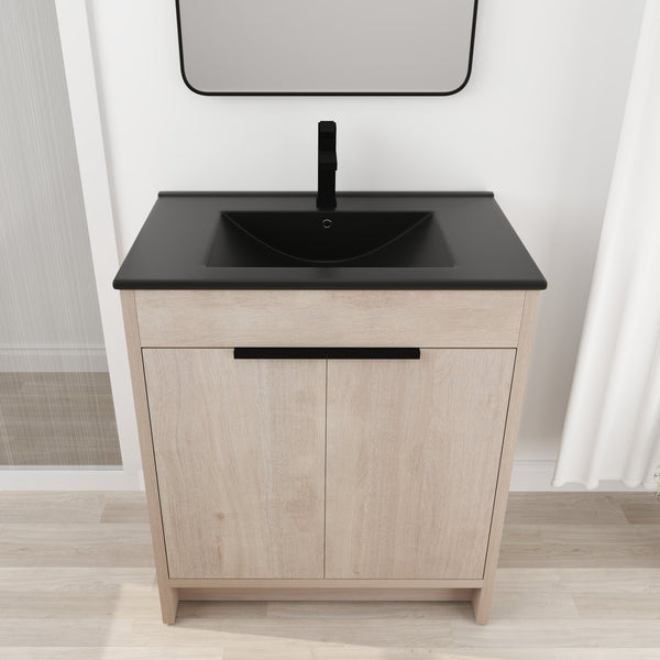 English Elm 30 Inch Freestanding Bathroom Vanity With Elegant Black Ceramic Sink & Soft-Close Cabinet Doors W999S00064
