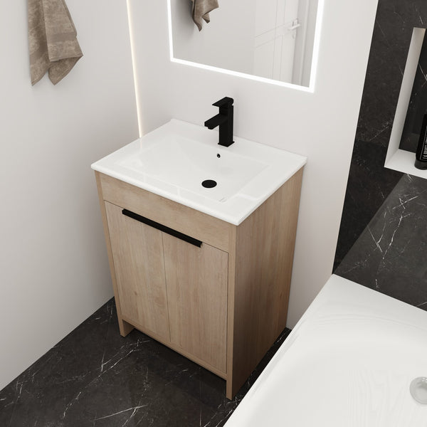 English Elm Freestanding Bathroom Vanity with Ceramic Sink, Soft-Close Doors, Adjustable Shelf, Water-Resist Finish W999S00060