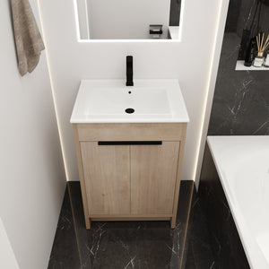 English Elm Freestanding Bathroom Vanity with Ceramic Sink, Soft-Close Doors, Adjustable Shelf, Water-Resist Finish W999S00060