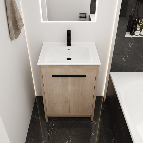 English Elm Freestanding Bathroom Vanity with Ceramic Sink, Soft-Close Doors, Adjustable Shelf, Water-Resist Finish W999S00060