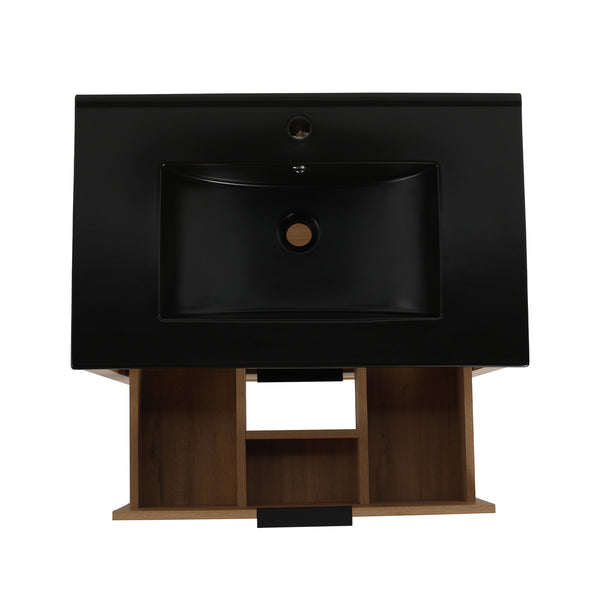 English Elm 30 Inch Bathroom Vanity - Stylish Freestanding Plywood Design With Black Ceramic Sink & Storage W999S00062