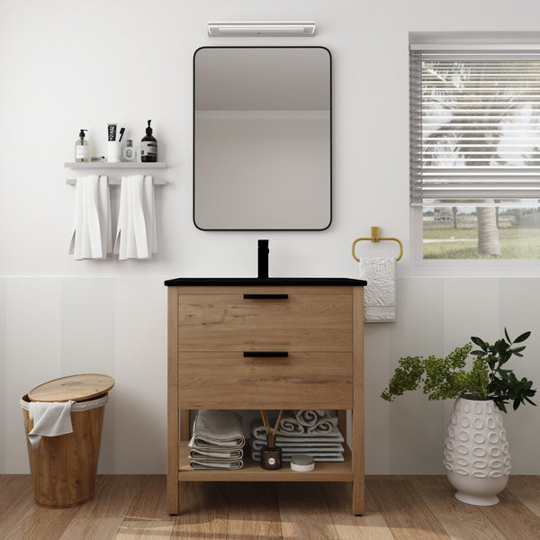 English Elm 30 Inch Bathroom Vanity - Stylish Freestanding Plywood Design With Black Ceramic Sink & Storage W999S00062