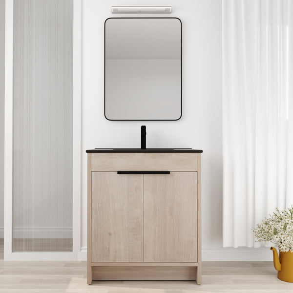 English Elm 30 Inch Freestanding Bathroom Vanity With Elegant Black Ceramic Sink & Soft-Close Cabinet Doors W999S00064