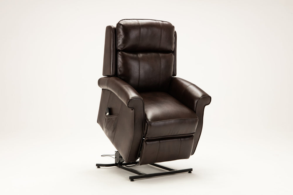 English Elm Landis Brown Traditional Lift Chair PU Leather Electric Recliner with Lift, 350 lb Capacity, Side Pocket Remote Storage B05081513