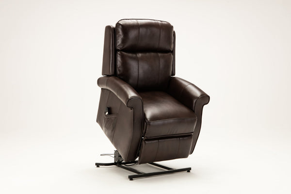 English Elm Landis Brown Traditional Lift Chair PU Leather Electric Recliner with Lift, 350 lb Capacity, Side Pocket Remote Storage B05081513