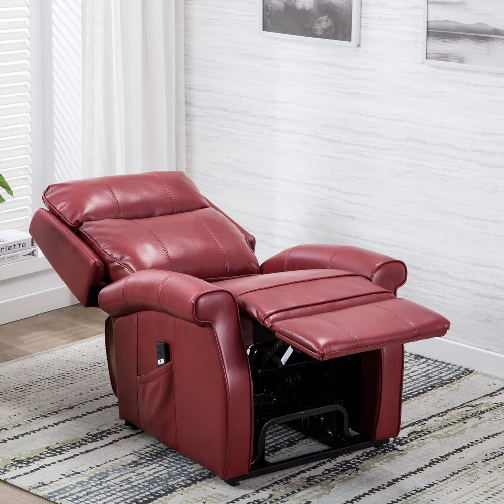English Elm Landis Red Traditional Lift Chair – All-Electric Recliner with Lift Function, PU Leather, 350 lb Capacity, Side Pocket Remote Storage B05081512