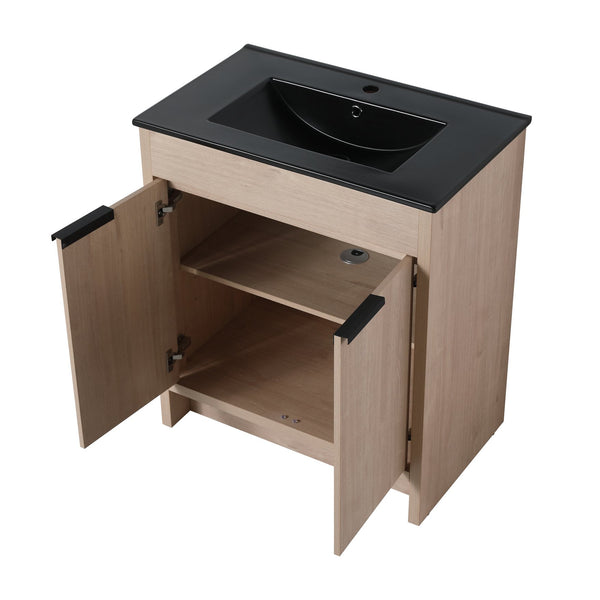 English Elm 30 Inch Freestanding Bathroom Vanity With Elegant Black Ceramic Sink & Soft-Close Cabinet Doors W999S00064