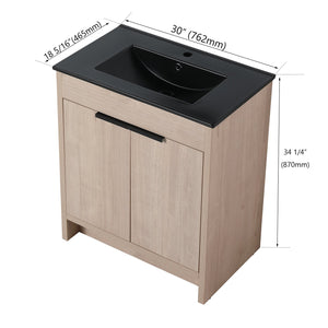 English Elm 30 Inch Freestanding Bathroom Vanity With Elegant Black Ceramic Sink & Soft-Close Cabinet Doors W999S00064