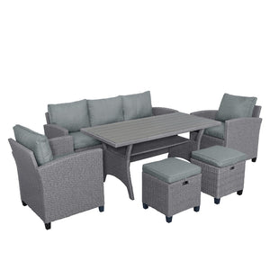 Hearth and Haven 6 Piece Rattan Wicker Set Patio with Chairs, Stools and Table, Grey