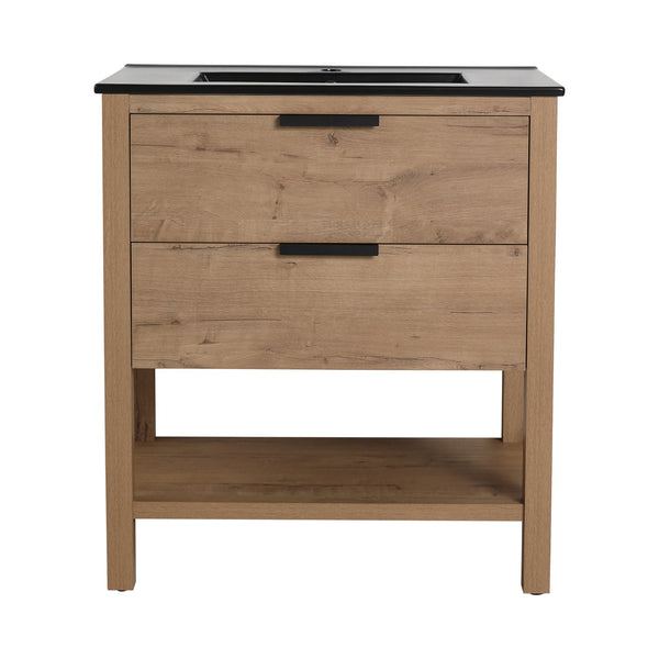 English Elm 30 Inch Bathroom Vanity - Stylish Freestanding Plywood Design With Black Ceramic Sink & Storage W999S00062