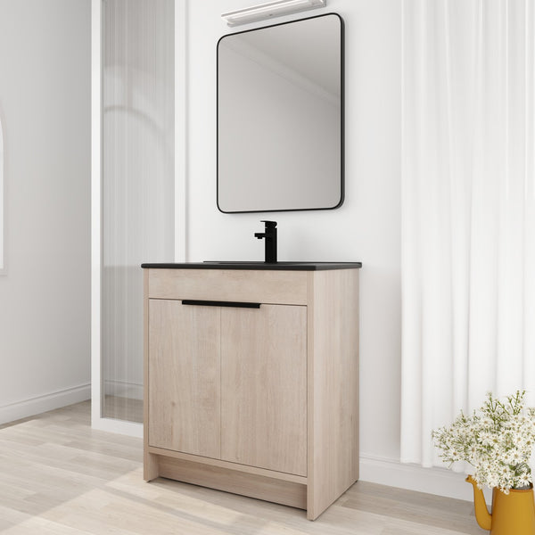 English Elm 30 Inch Freestanding Bathroom Vanity With Elegant Black Ceramic Sink & Soft-Close Cabinet Doors W999S00064