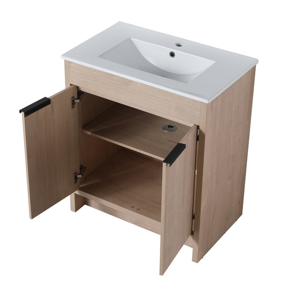 English Elm 30 Inch Freestanding Bathroom Vanity With White Ceramic Sink & Soft-Close Doors For Modern Spaces W999S00085