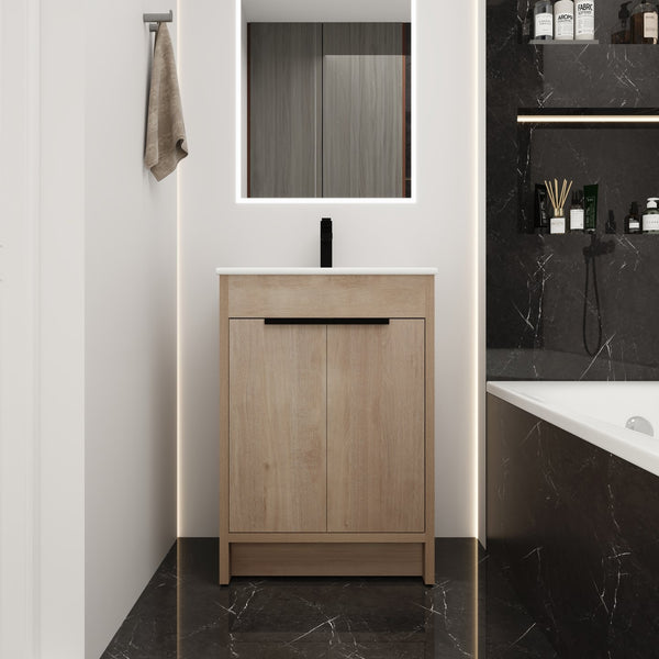 English Elm Freestanding Bathroom Vanity with Ceramic Sink, Soft-Close Doors, Adjustable Shelf, Water-Resist Finish W999S00060