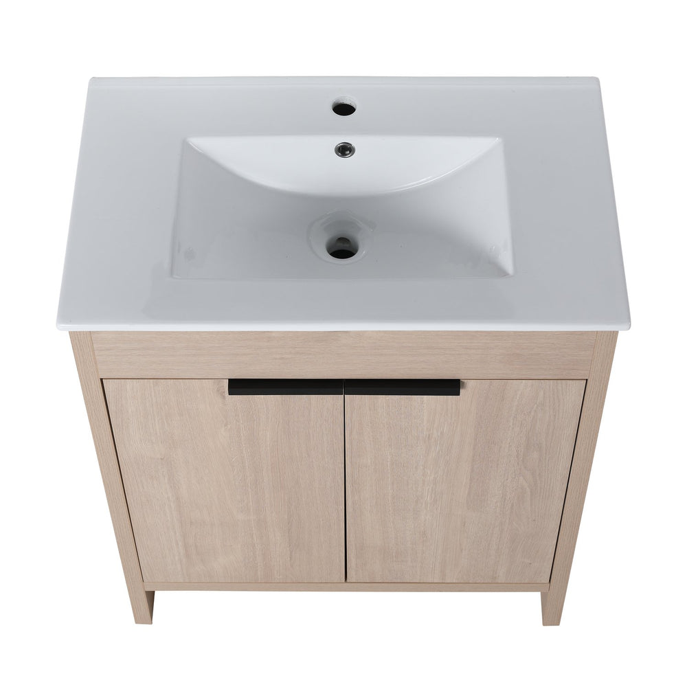 English Elm 30 Inch Freestanding Bathroom Vanity With White Ceramic Sink & Soft-Close Doors For Modern Spaces W999S00085