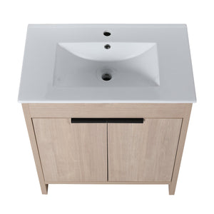 English Elm 30 Inch Freestanding Bathroom Vanity With White Ceramic Sink & Soft-Close Doors For Modern Spaces W999S00085
