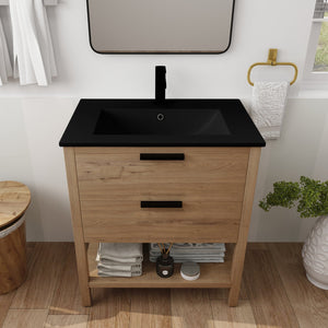 English Elm 30 Inch Bathroom Vanity - Stylish Freestanding Plywood Design With Black Ceramic Sink & Storage W999S00062