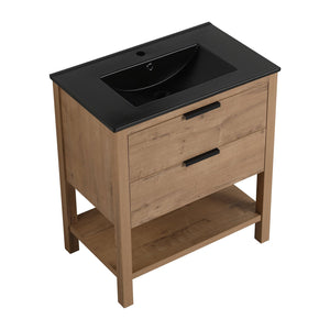 English Elm 30 Inch Bathroom Vanity - Stylish Freestanding Plywood Design With Black Ceramic Sink & Storage W999S00062