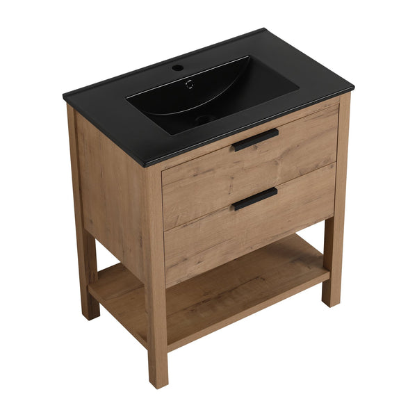 English Elm 30 Inch Bathroom Vanity - Stylish Freestanding Plywood Design With Black Ceramic Sink & Storage W999S00062