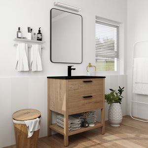 English Elm 30 Inch Bathroom Vanity - Stylish Freestanding Plywood Design With Black Ceramic Sink & Storage W999S00062