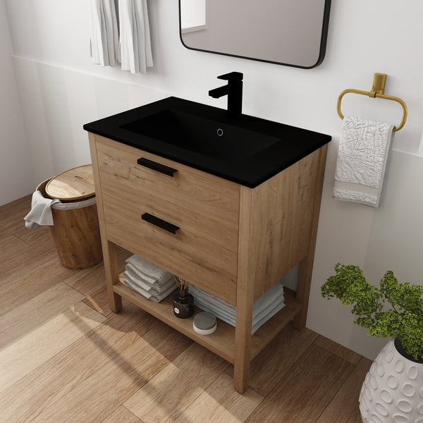 English Elm 30 Inch Bathroom Vanity - Stylish Freestanding Plywood Design With Black Ceramic Sink & Storage W999S00062