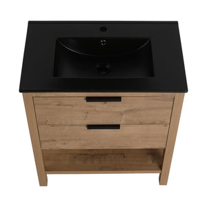 English Elm 30 Inch Bathroom Vanity - Stylish Freestanding Plywood Design With Black Ceramic Sink & Storage W999S00062