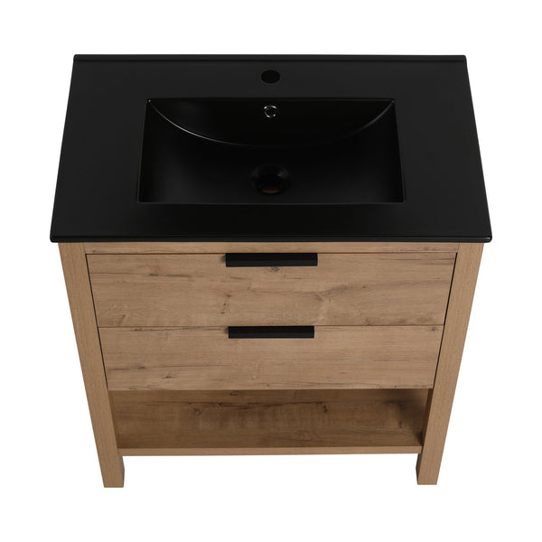 English Elm 30 Inch Bathroom Vanity - Stylish Freestanding Plywood Design With Black Ceramic Sink & Storage W999S00062
