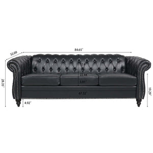 English Elm 84.65" Chesterfield Three Seater Sofa Pu Leather Tufted Rolled Arm Living Room Black W68035340