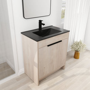 English Elm 30 Inch Freestanding Bathroom Vanity With Elegant Black Ceramic Sink & Soft-Close Cabinet Doors W999S00064