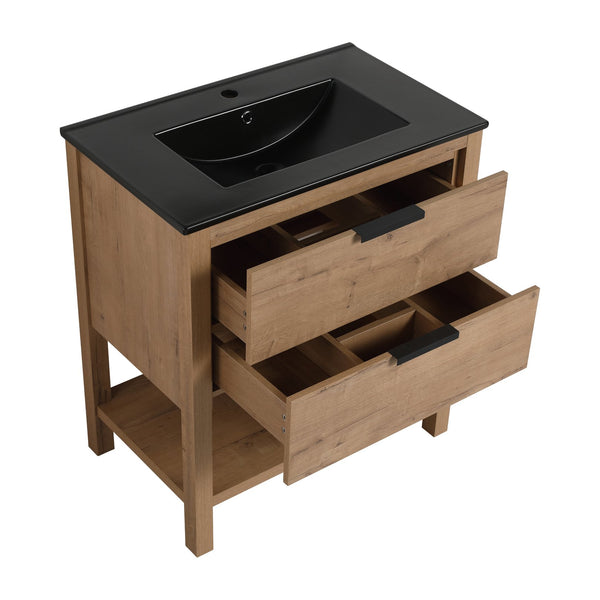 English Elm 30 Inch Bathroom Vanity - Stylish Freestanding Plywood Design With Black Ceramic Sink & Storage W999S00062