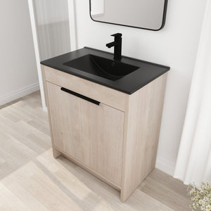 English Elm 30 Inch Freestanding Bathroom Vanity With Elegant Black Ceramic Sink & Soft-Close Cabinet Doors W999S00064