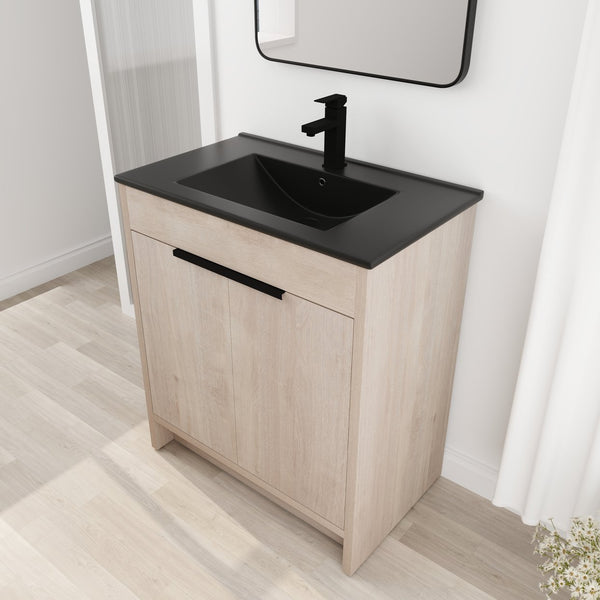English Elm 30 Inch Freestanding Bathroom Vanity With Elegant Black Ceramic Sink & Soft-Close Cabinet Doors W999S00064