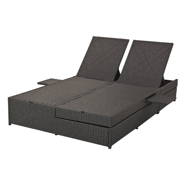 English Elm TOPMAX Outdoor Double Sunbed Rattan Reclining Conversation Set for Two with 5-Position Comfort Cushions and Cup Trays Gray SP100001AAE