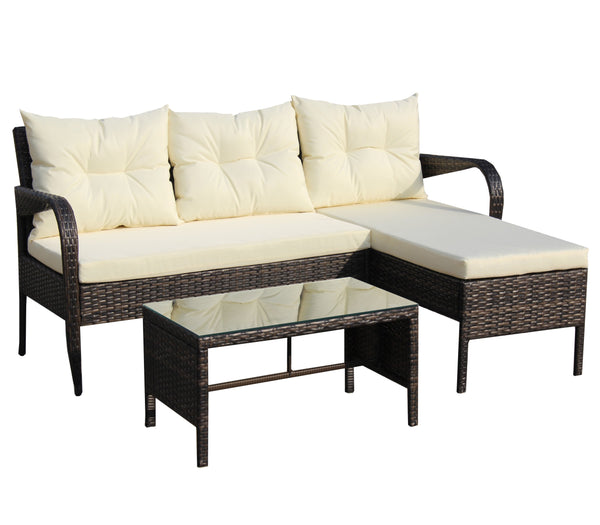 English Elm Outdoor 3-Piece Wicker Patio Furniture Set - Stylish Sectional Sofa With Beige Cushions & Table W209S00008