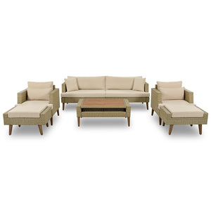 English Elm <old Old Sku Pe Wicker Six Piece Patio Conversation Set Acacia Wood Cushioned Outdoor Sofa Brown N704G201219D