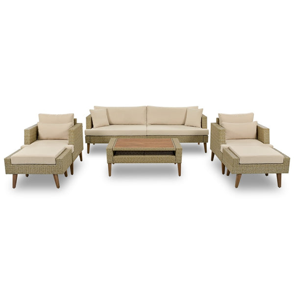 English Elm <old Old Sku Pe Wicker Six Piece Patio Conversation Set Acacia Wood Cushioned Outdoor Sofa Brown N704G201219D