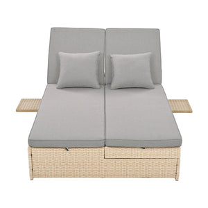 English Elm TOPMAX Outdoor Double Sunbed Rattan Reclining Conversation Set for Two with 5-Position Comfort Cushions and Cup Trays Brown SP100001AAD