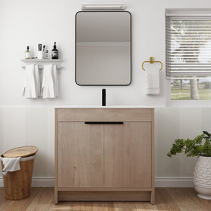 English Elm 36 Inch Freestanding Vanity with White Ceramic Sink, Soft-Close Doors, Adjustable Shelf, Water-Resistant Finish W999S00065