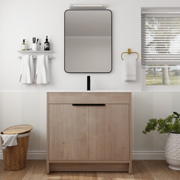 English Elm 36 Inch Freestanding Vanity with White Ceramic Sink, Soft-Close Doors, Adjustable Shelf, Water-Resistant Finish W999S00065