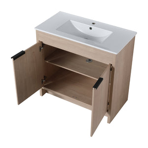 English Elm 36" 36" Freestanding Bathroom Vanity Cabinet with Soft-Close Doors, Adjustable Shelf, Metal Handles, Water-Resistant Plywood Finish W99981573
