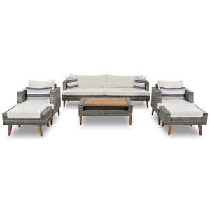 English Elm <old Old Sku Pe Wicker Six Piece Patio Conversation Set Acacia Wood Cushioned Outdoor Sofa Gray+Beige N704G201219A