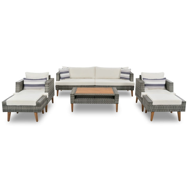 English Elm <old Old Sku Pe Wicker Six Piece Patio Conversation Set Acacia Wood Cushioned Outdoor Sofa Gray+Beige N704G201219A