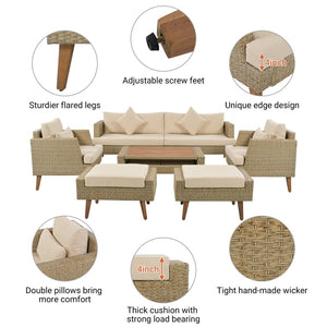 English Elm <old Old Sku Pe Wicker Six Piece Patio Conversation Set Acacia Wood Cushioned Outdoor Sofa Brown N704G201219D