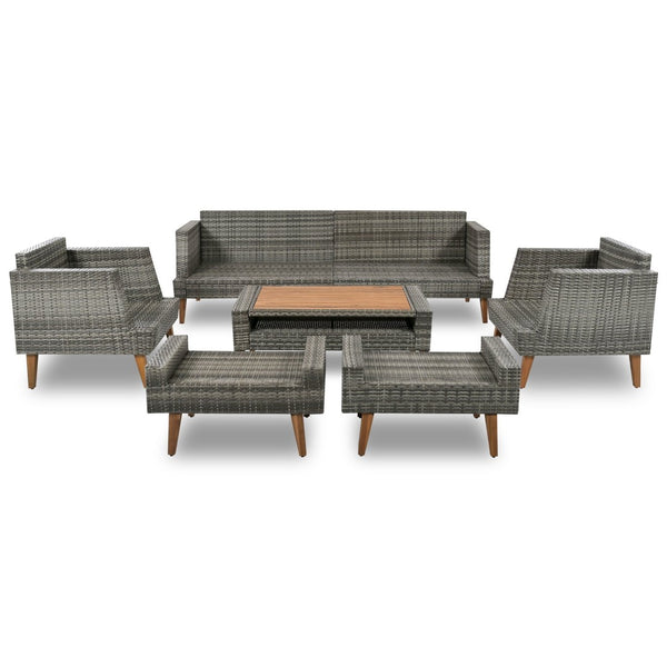 English Elm <old Old Sku Pe Wicker Six Piece Patio Conversation Set Acacia Wood Cushioned Outdoor Sofa Gray+Beige N704G201219A