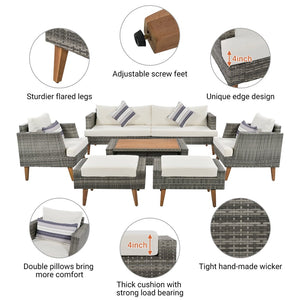 English Elm <old Old Sku Pe Wicker Six Piece Patio Conversation Set Acacia Wood Cushioned Outdoor Sofa Gray+Beige N704G201219A