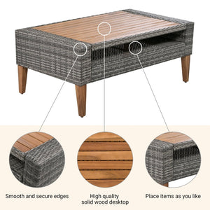 English Elm <old Old Sku Pe Wicker Six Piece Patio Conversation Set Acacia Wood Cushioned Outdoor Sofa Gray+Beige N704G201219A